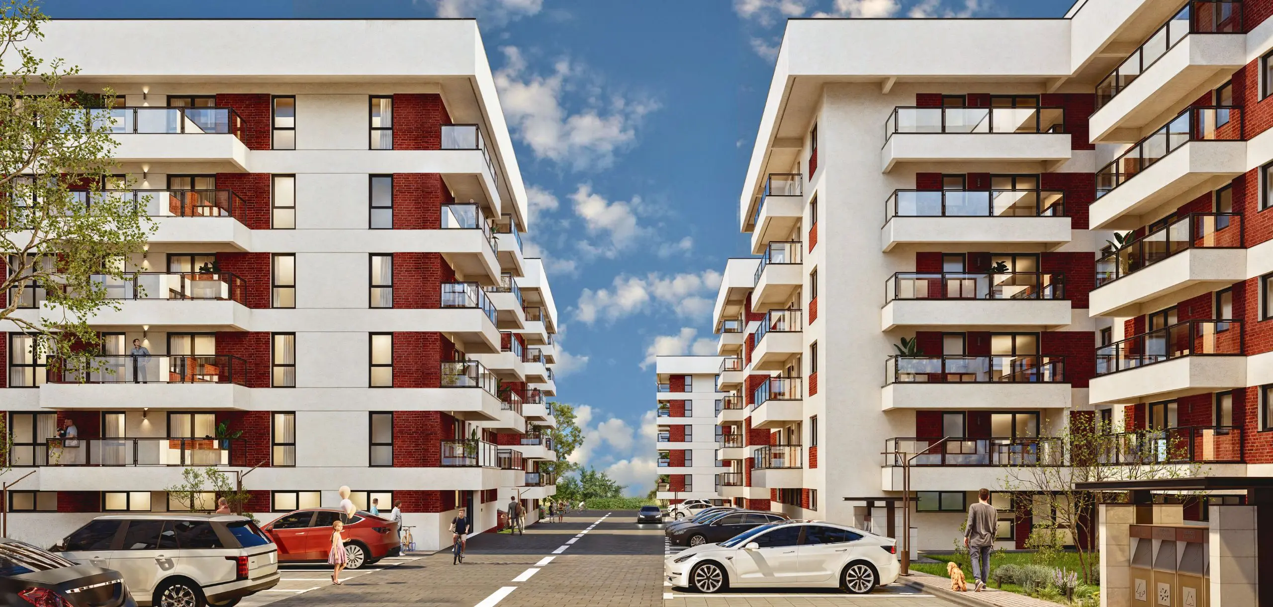 Randare 3D a ansamblului rezidențial Onyx Residence din Iași, vedere generală cu blocuri moderne și spații verzi.