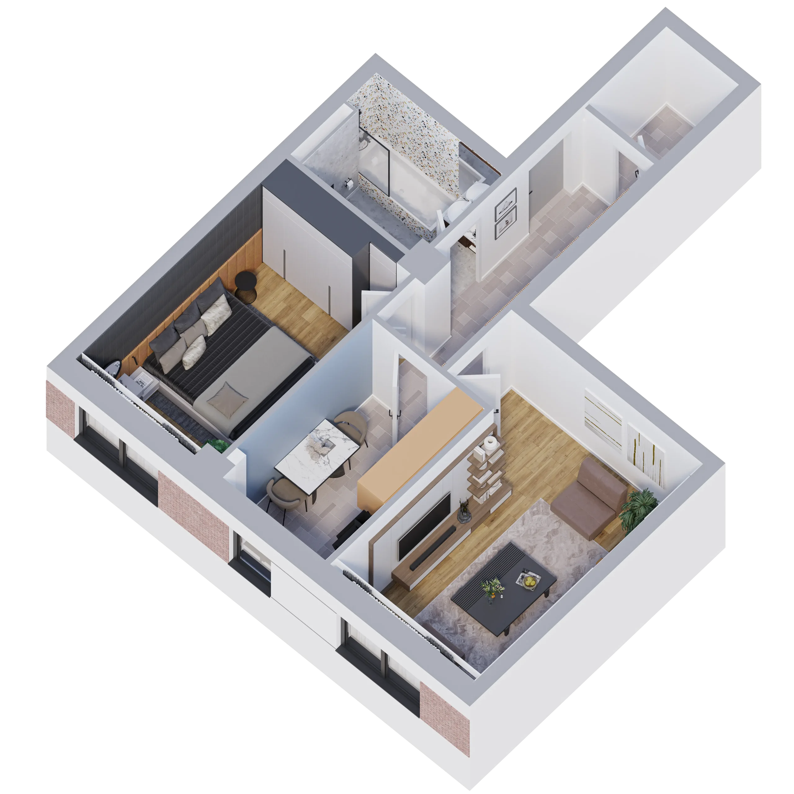 Apartament 2 camere decomandat 56.52 mp bloc Q4 Onyx Residence Iași randare 3D