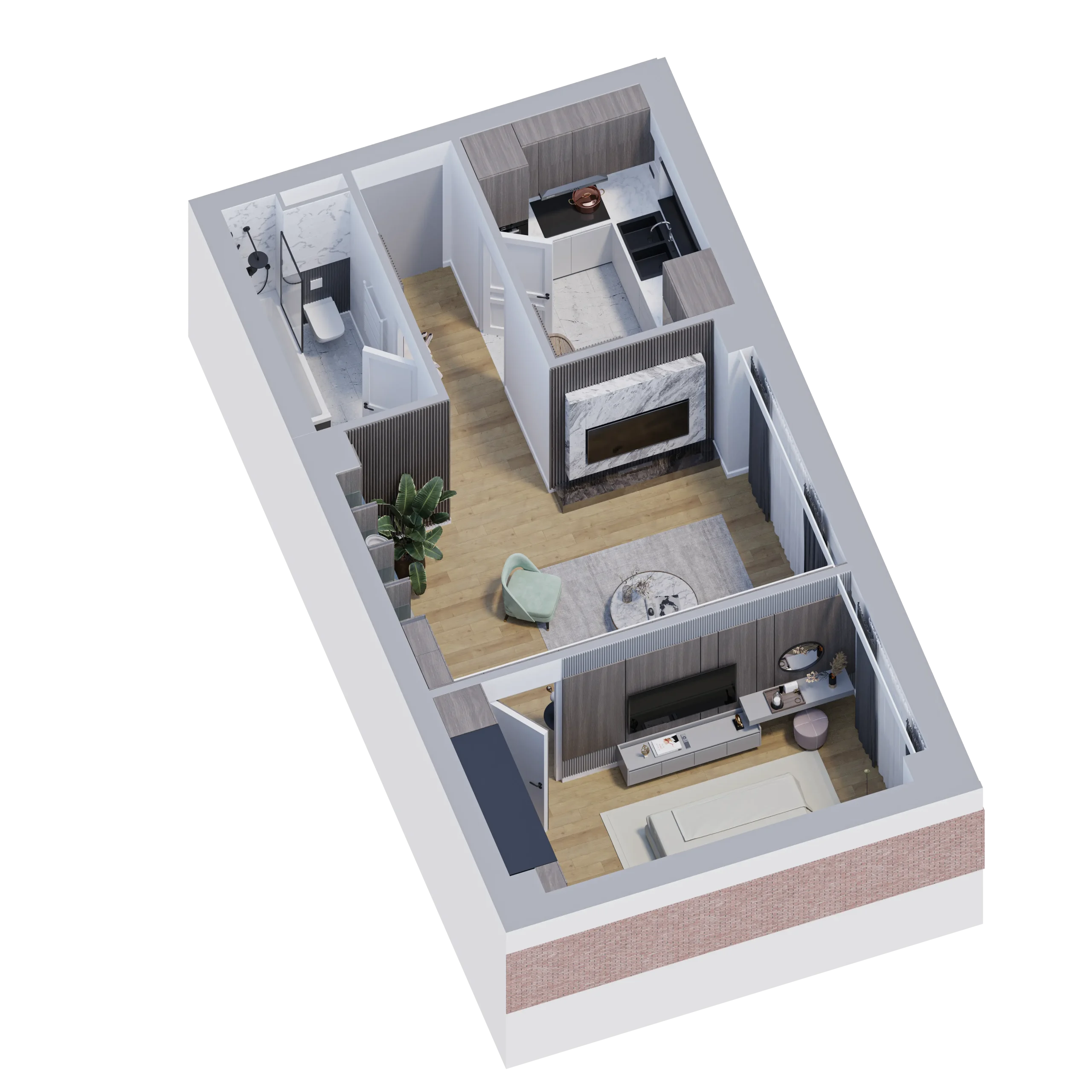 Apartament 2 camere Tip 10 – Q4 Onyx Residence Iași Apartament 2 camere 48.12 mp bloc Q4 Onyx Residence Iași randare 3D