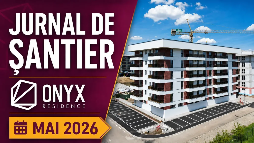 Cover Jurnal de șantier Onyx Residence Mai 2026, cu logo Onyx Residence și imagine a ansamblului rezidențial din Iași, zona Galata.